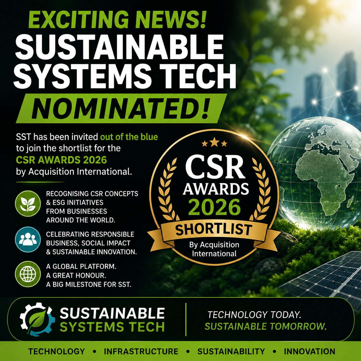 Sustainable Systems Tech Nominated for CSR Awards 2026 Shortlist